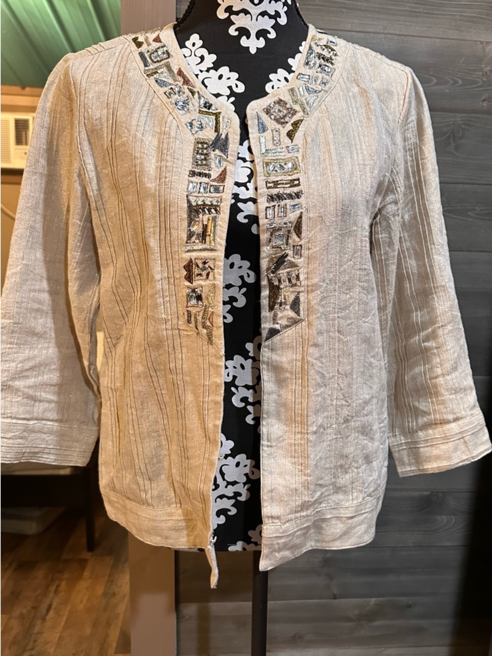 Chico's Linen Metallic-Thread Neutral Open Jacket - Beige